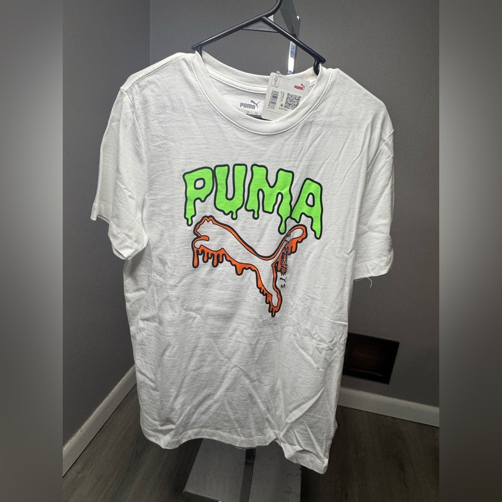Puma White Short Sleeve Tee with Neon Green and Orange Drip Logo